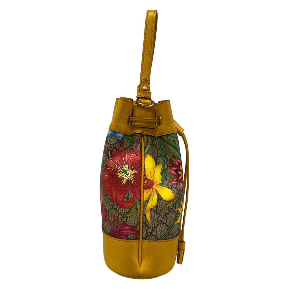 Gucci GG Supreme Ophidia Flora Small Bucket Handbag 550621 Yellow Dark Brown - Picture 2 of 15